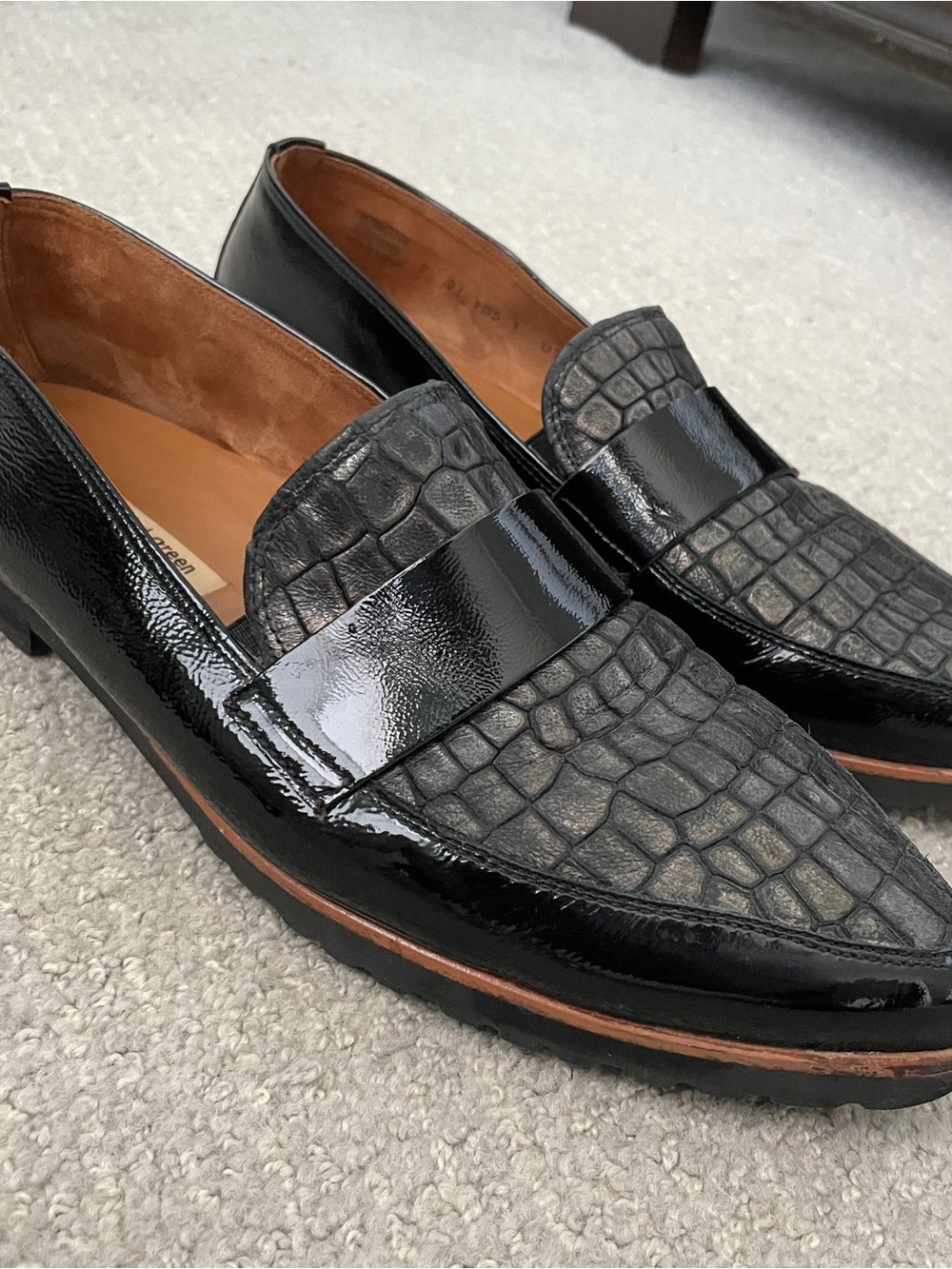 Paul Green Black Patent & Croc-Embossed Penny Loafers